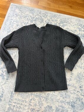 Alo Classic Cable-Knit Button-Front Cardigan Sweater - Dark Charcoal